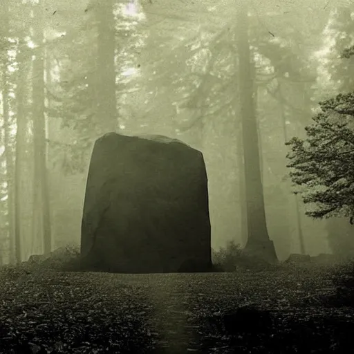 Image similar to old photograph of a cult surrounding a giant alien monolith in a haunted forest, epic composition