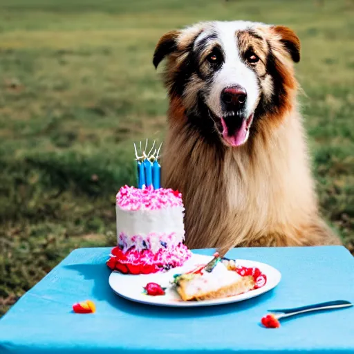 Prompt: a high - quality photo of a romanian shepherd dog with a birthday cake, 4 5 mm, f 3. 5, sharpened, iso 2 0 0, raw, food photography