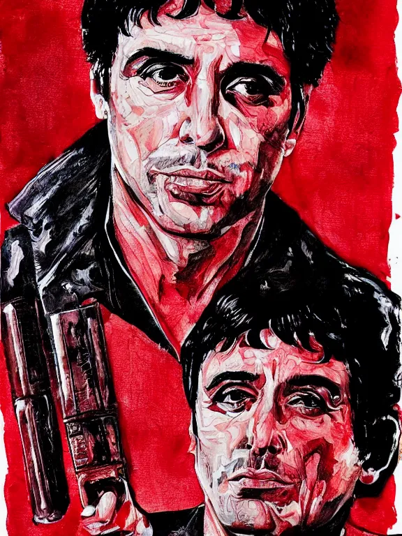 Image similar to headshot portrait. tony montana from movie scarface 1 9 8 3. al pacino, perfect symmetric face, coherent eyes, fine details., 4 k, red and black ink paint