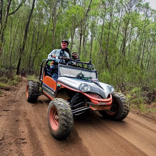 Image similar to an off road buggy drives towards the viewer along a forest dirt track. the vegetation is sparse scrub. the driver is male and smiling. the buggy has an open frame build with mounted search lights. the sky is cloudy and dust is being thrown up by the buggy's wheels