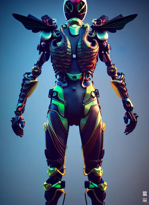 Prompt: kamen rider, human structure bee concept art, human anatomy, wings, intricate detail, hyperrealistic art and illustration by irakli nadar and alexandre ferra, unreal 5 engine highlly render, global illumination, in tokyo cyber night rooftop