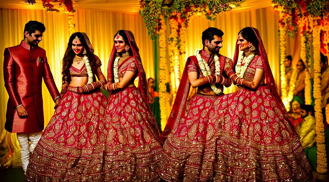 Prompt: epic professional digital art of beautiful indian wedding, ambient lighting, painted, happy, bright, impressive, leesha hannigan, wayne haag, reyna rochin, ignacio fernandez rios, mark ryden, iris van herpen, best on artstation, cgsociety, wlop, pixiv, stunning, gorgeous, much wow, much detail, cinematic, masterpiece