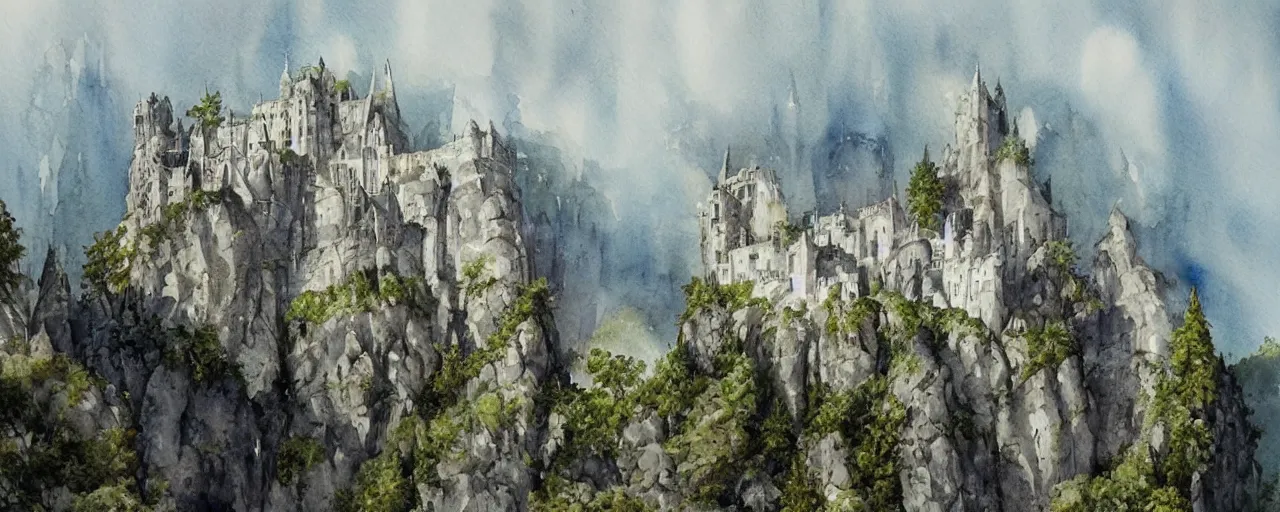 Prompt: white monastery upon sheer lime cliffs, a ray of sun illuminating, watercolour, high fantasy, extremely detailed