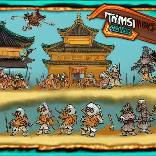 Image similar to a dwarf ninja heroes facing an ancient temple, illustrated by trent kaniuga