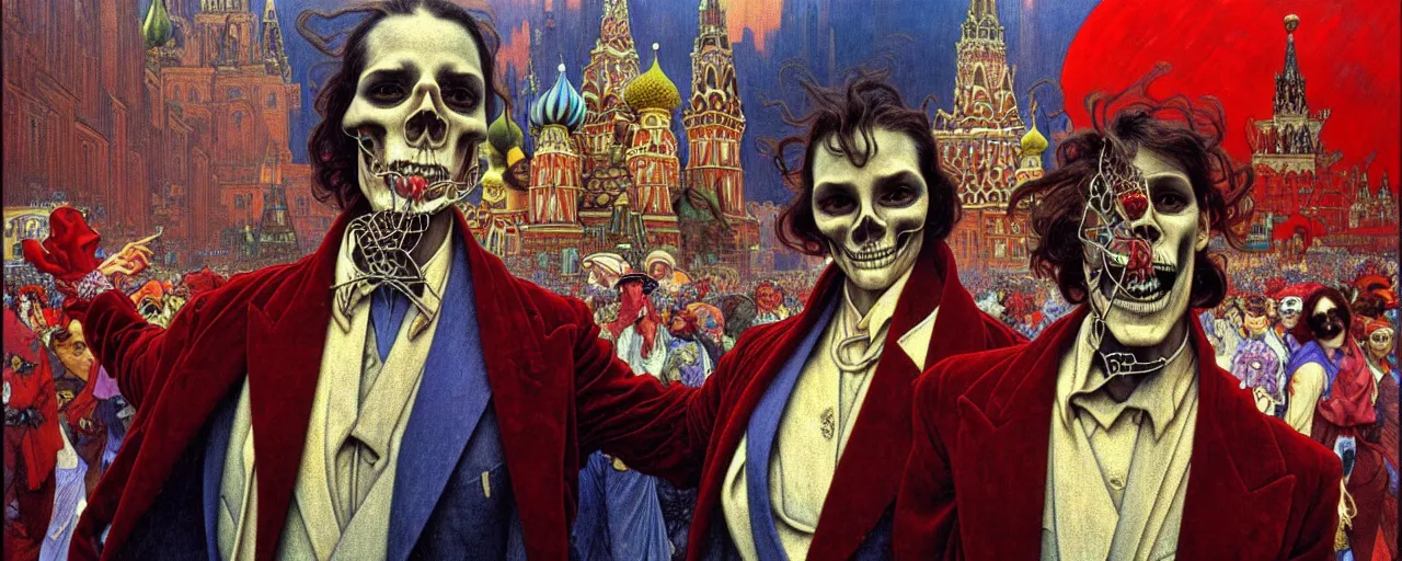 Image similar to realistic detailed closeup portrait painting of a single skeleton wearing red velvet blazer in a crowded futuristic moscow street by Jean Delville, Amano, Yves Tanguy, Alphonse Mucha, Ernst Haeckel, Edward Robert Hughes, Roger Dean, cinematic composition, dynamic pose, rich moody colours, blue eyes