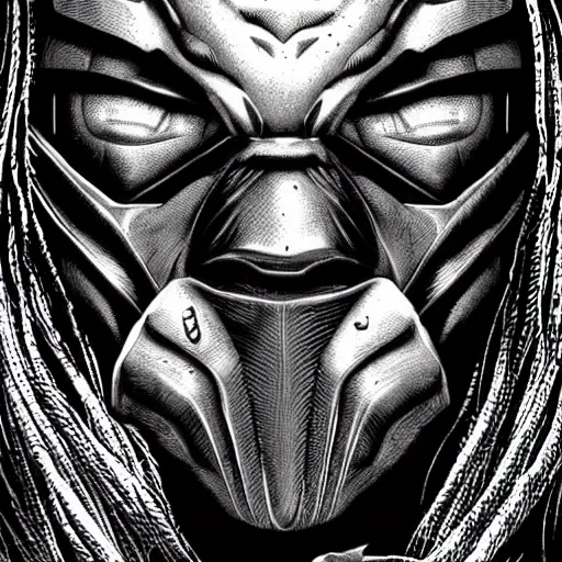 Image similar to wall street journal hedcut portrait of predator from the movie predator