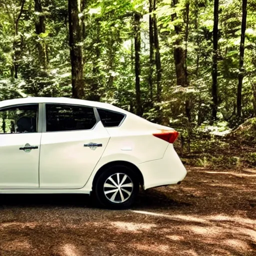 Prompt: color still of a 7 0 year old white woman driving a nissan sentra in a forest, bright sunny day,