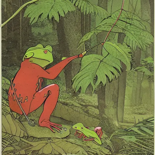 Image similar to frog with bucket hat squatting in the forest. plane in the sky far away. artwork by moebius, georges de la tour