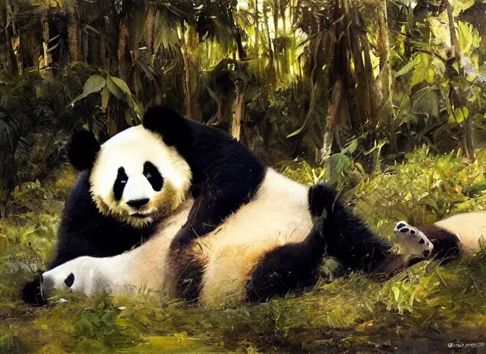 Image similar to oil painting of panda bear in zoo, art by anders zorn, wonderful masterpiece by greg rutkowski, beautiful cinematic light, american romanticism by greg manchess