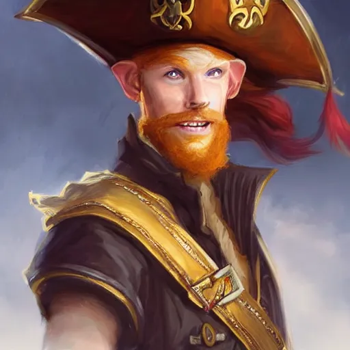 Image similar to dashing charming ginger grinning charismatic elf male rogue, wearing pirate captain's tricorne hat, naval background, amazing, portrait, stunning, trending on art station, artgerm, Greg rutkowski