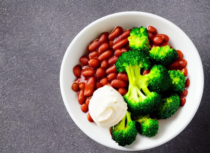 Image similar to food photo still of frozen yogurt topped with baked beans and broccoli, 8 5 mm f 1. 8 studio lighting