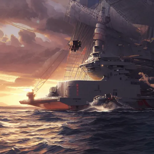 Prompt: battleship kongo sailing the pacific ocean, symmetrical mechanical features, from arknights, imperial japanase navy, hyper realistic, 4 k, rule of thirds, extreme detail, detailed drawing, trending artstation, hd, world world 2, d & d, realistic lighting, by alphonse mucha, greg rutkowski, sharp focus, backlit