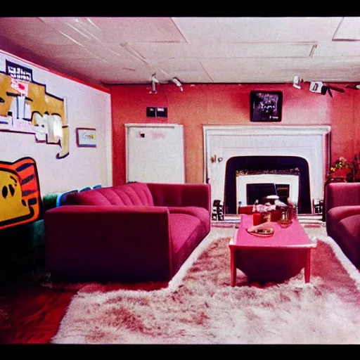 Image similar to 1990s Hi-8 footage of a nostalgic room decorated in Pop culture from the 1990s, nostalgic, vintage