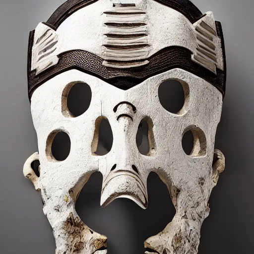 Prompt: symmetrical product photograph of a highly detailed ominous samurai mask made from fragmented bone and obsidian, angry