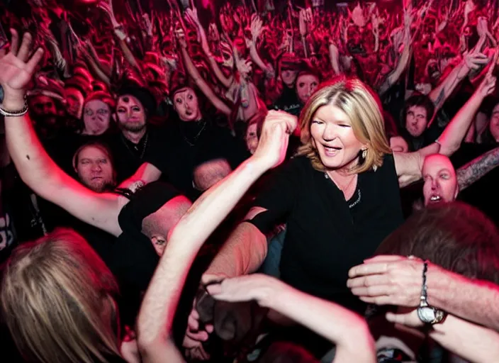 Image similar to publicity photo still of martha stewart in a death metal band in the mosh pit, 8 k, live concert lighting, mid shot