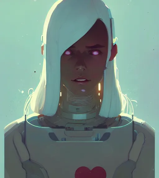 Prompt: portrait of a female android with a human heart by atey ghailan, by greg rutkowski, by greg tocchini, by james gilleard, by joe fenton, by kaethe butcher, dynamic lighting, gradient light blue, brown, blonde cream and white color scheme, grunge aesthetic