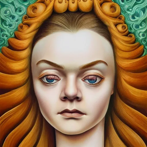 Prompt: professional painting of Elle Fanning in the style of Octavio Ocampo, head and shoulders portrait, symmetrical facial features, smooth, sharp focus, illustration, intricate, stormy weather, extremely detailed masterpiece,