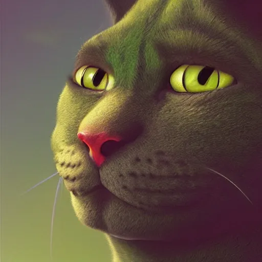 Image similar to hybrid of cat and shrek, half shrek - half cat, digital art, photo realistic, highly detailed, art by george stubbs, anton fadeev, james gurney, ilya kuvshinov