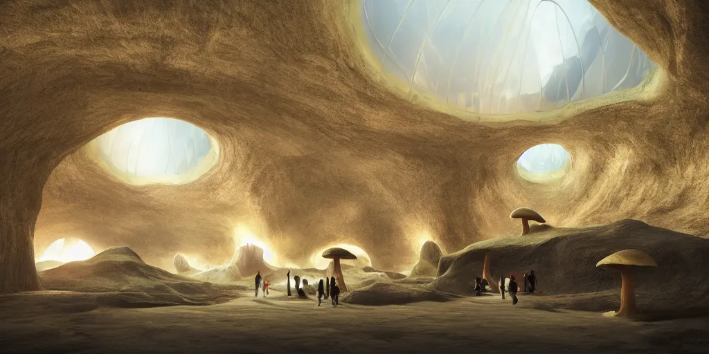 Prompt: Photorealistic exterior of a minimalist design mosque in giant glowing mushroom underworld dark cave, with domes and arches, people and androids wearing traditional japanese clothing. photorealism, UHD, amazing depth, glowing, golden ratio, 3D octane cycle unreal engine 5, volumetric lighting, cinematic lighting, cgstation artstation concept art