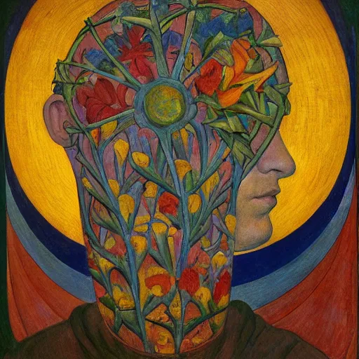 Image similar to facemask made of flowers, by annie swynnerton and jean delville and edward hopper and diego rivera and evelyn de morgan and rufino tamayo, dark flower shaman, art brut, outsider art, symbolist, dramatic lighting, god rays, elaborate geometric ornament, clean crisp graphics, smooth sharp focus, extremely detailed, adolf wolfli