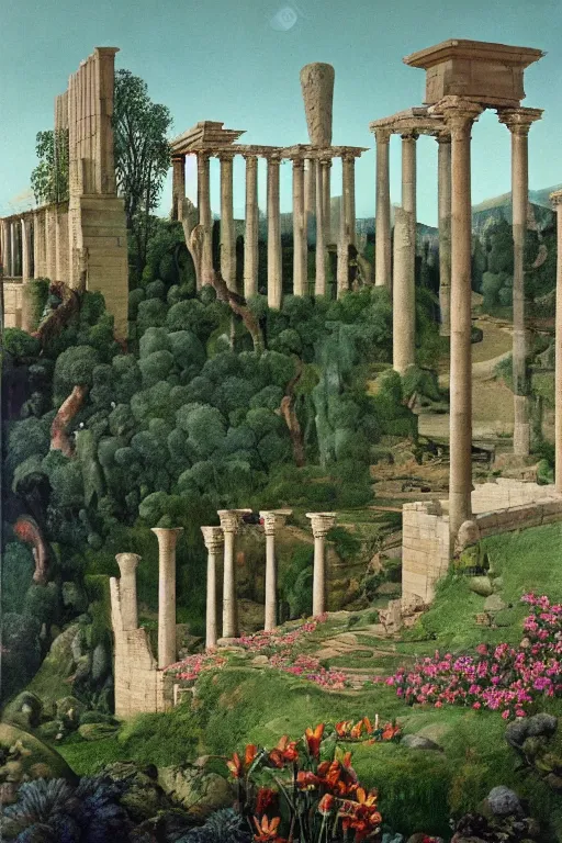 Image similar to hanging gardens of babylon, temple of artemis at ephesus, waterfalls, blooming hills with spring flowers and pillars by helen lundeberg