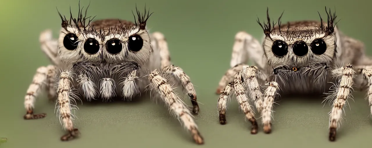 Image similar to a jumping spider mixed with an owl, hybrid creature, by Stanley Kubric, anamorphic lens, macro shot, bokeh, kodak color film stock, realistic, hyper detailed