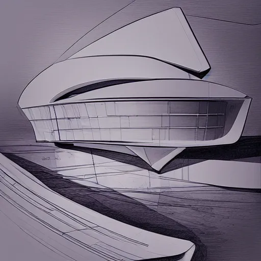 Prompt: an architectural sketch of a building looking like a typographic character of zaha hadid in the desert with a sunset in the background, zaha hadid sketch, featured on art station, dezeen, typography