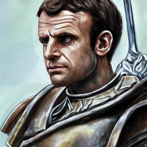 Image similar to portrait of Emmanuel Macron in fantasy armor with a large sword resting on his shoulder, realistic, detailed, cinematic light, art of D&D