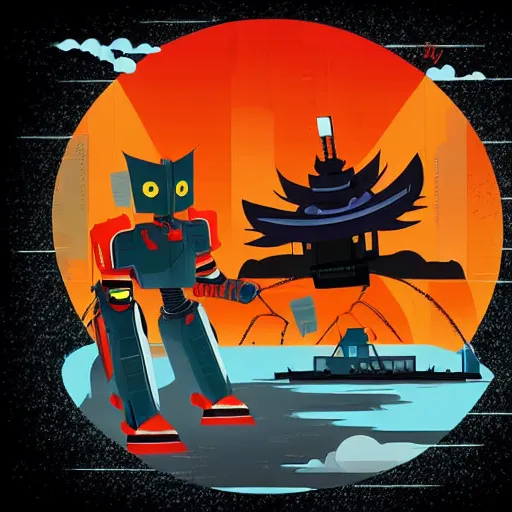 Image similar to giant samurai robot fighting a kaiju over tokyo city modern flat design style illustration with line elements