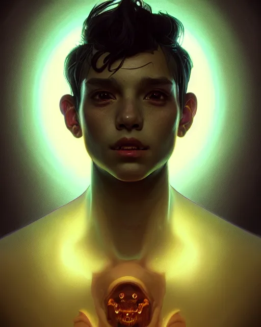 Image similar to portrait of a creepy cute boy, bioluminescent, highly detailed, digital painting, cinematic lighting, hyperrealism, dark retrowave, art by stanley lau and artgerm and magali villeneuve and alphonse mucha, artstation hd, octane render, cgsociety