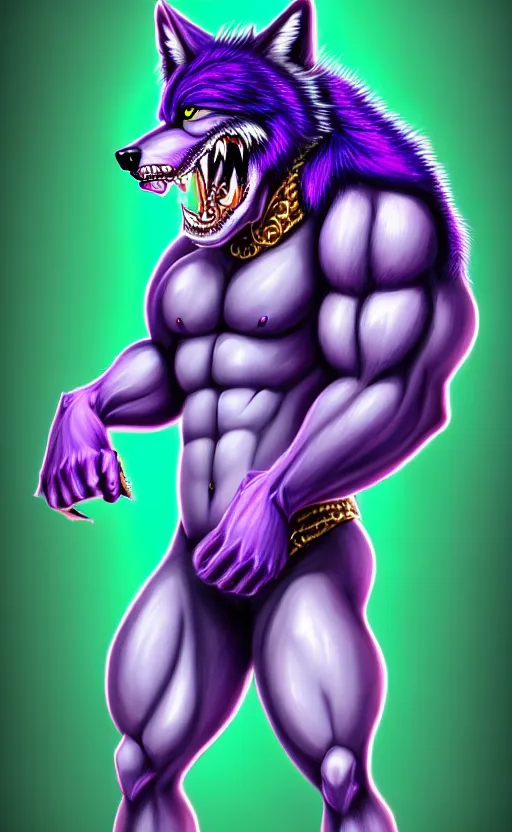 Prompt: painting of an anthropomorphic bulky muscular purple wolf, furry style, wearing jeans, deviant art, fursona, professional furry drawing, insanely detailed, bulky wolf - dragon like face with dragon features, doing a pose from jojo's bizarre adventure, detailed veiny muscles, exaggerated features, beautiful shading, huge white teeth, grinning, colorful background