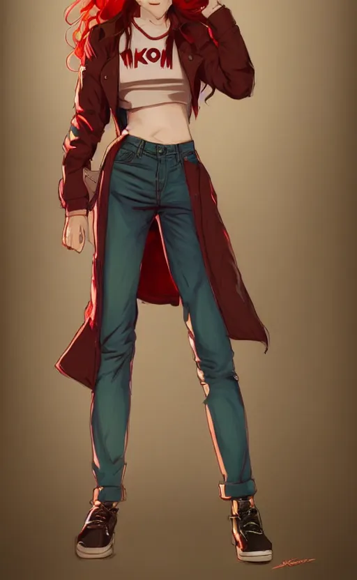 Image similar to full-body shot of an attractive tomboy girl with long, crimson red hair and red eyes, wearing a brown, open jacket and green jeans with a stern look, midriff, concept art, character design, by WLOP, by Tomine, by Kon, Satoshi, by Leyendecker