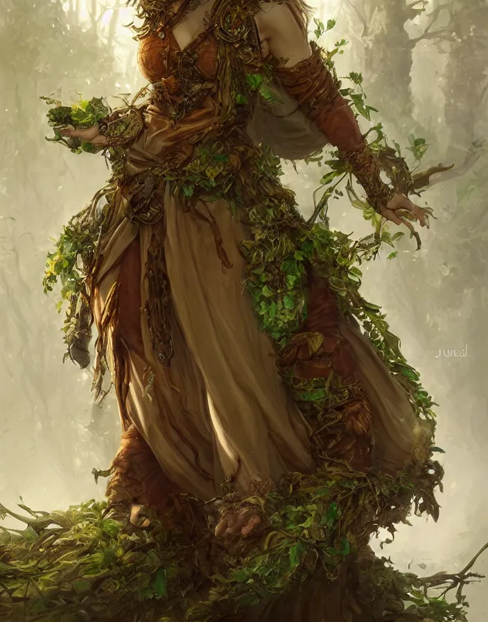 Image similar to a woman tree druid with leaf themed clothing, fully clothed, D&D, fantasy, intricate, cinematic lighting, highly detailed, digital painting, artstation, concept art, smooth, sharp focus, illustration, art by Justin Gerard