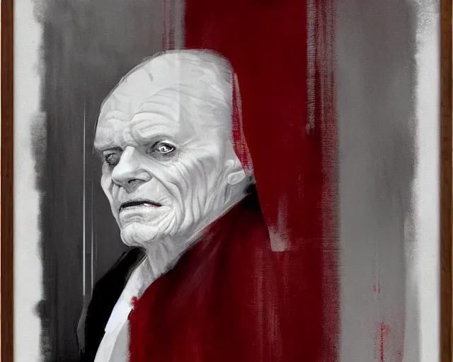 Image similar to portrait of emperor palpatine sidious played by ian mcdiarmid with a big hood, in shades of grey, but with red, by jeremy mann