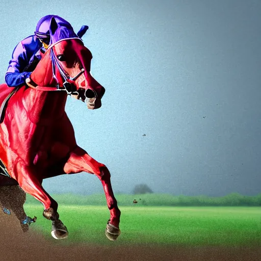 Prompt: close - up front view of a racing thoroughbred stallion ( with jockey in colorful outfit ) galloping extremely hard and emerging headfirst out of very dense ground fog to win a race at the track. photorealistic digital art.