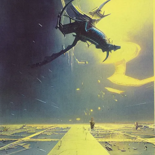 Image similar to wide scene, armored sci - fi god of destructuion manifests floating in midair, by bruce pennington