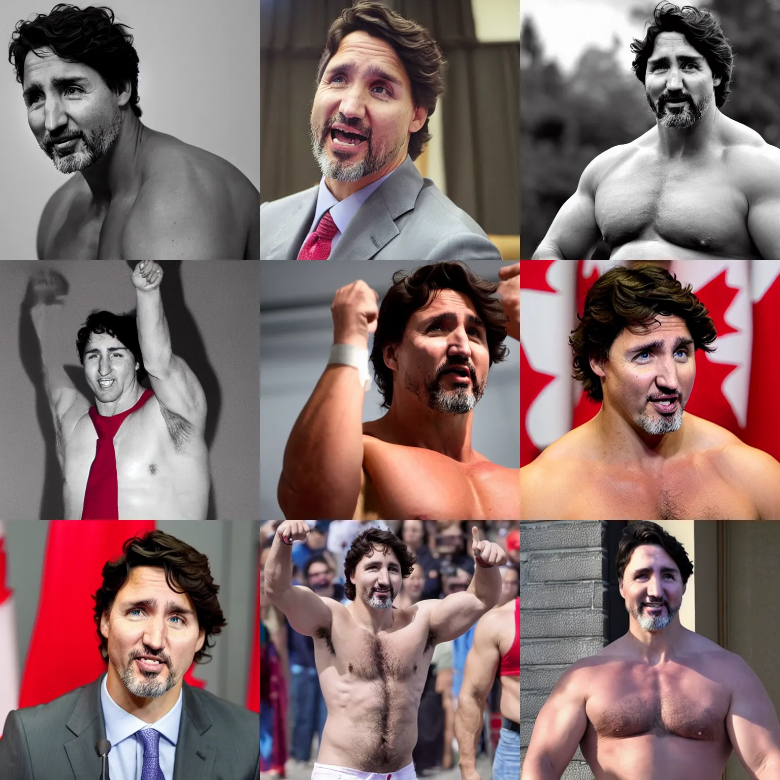 Prompt: justin trudeau as a big burly padded strongman, 4 k hd