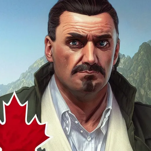 Image similar to [RiffRaff as the president of Canada as a GTA character, propaganda, closeup, D&D, intricate, elegant, highly detailed, digital painting, artstation, concept art, matte, sharp focus, illustration, art by Artgerm and Greg Rutkowski and Alphonse Mucha]