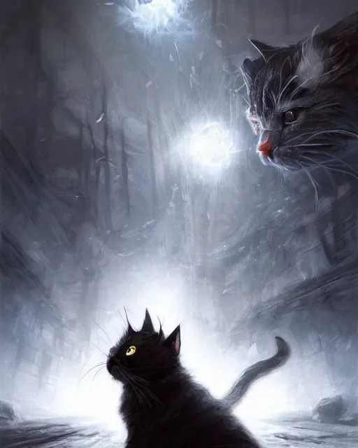 Prompt: Cat Mage summoning shadows and fog, dark fur, glowing eyes, magic the gathering artwork, D&D, fantasy, cinematic lighting, centered, symmetrical, highly detailed, digital painting, artstation, concept art, smooth, sharp focus, illustration, volumetric lighting, epic Composition, 8k, art by Akihiko Yoshida and Greg Rutkowski and Craig Mullins, oil painting, cgsociety