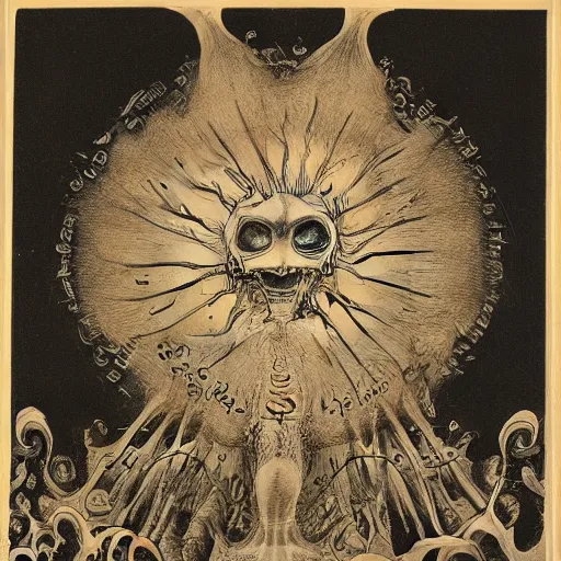 Image similar to whimsical freaky creature sings a unique canto about \'as above so below\' being ignited by the spirit of Haeckel and Robert Fludd, breakthrough is iminent, glory be to the magic within