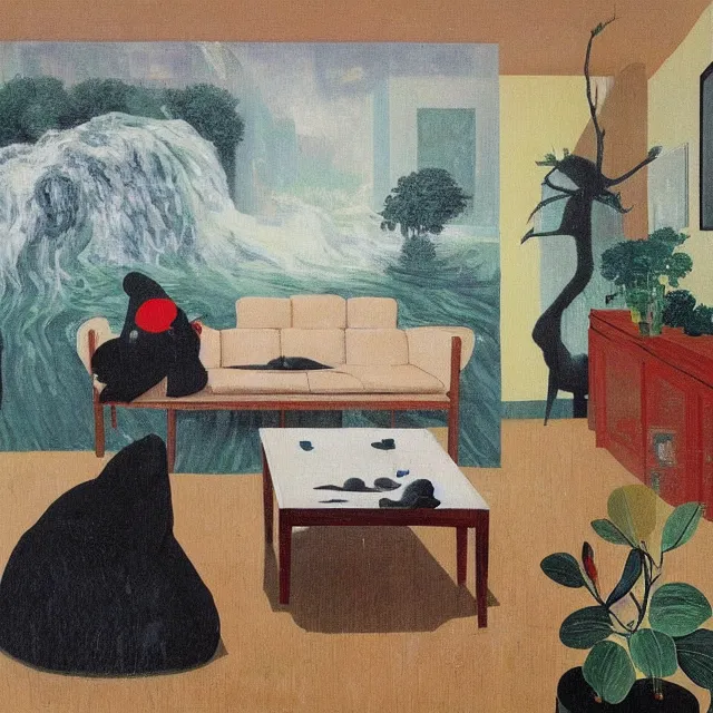 Image similar to painting of flood waters inside an apartment, tall female emo art student, a river flooding indoors, pomegranates, pigs, ikebana, water, river, rapids, waterfall, black swans, canoe, berries, acrylic on canvas, surrealist, by magritte and monet