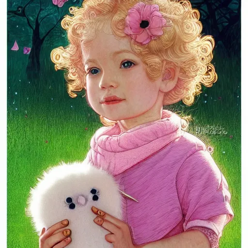 Image similar to a beautiful little blonde toddler girl with short curly hair at the park on a beautiful day in the shade, holding a round all-pink stuffed penguin, by Dan Mumford, Junji Murakami, Mucha Klimt, Hiroshi Yoshida and Craig Mullins, featured on Artstation, CGSociety, Behance HD, Deviantart