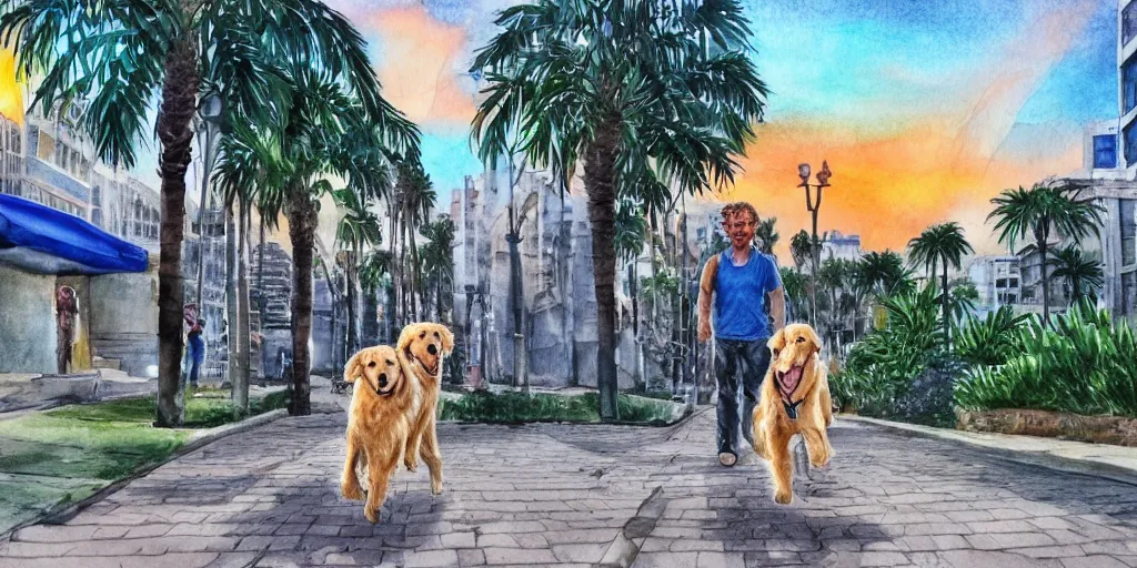 Image similar to golden retriever dog walking in tel aviv street looking at the camera. palm trees. realistic. sunset. high quality. digital art. watercolor. highly detailed. drawing. art. colorful. fluffy