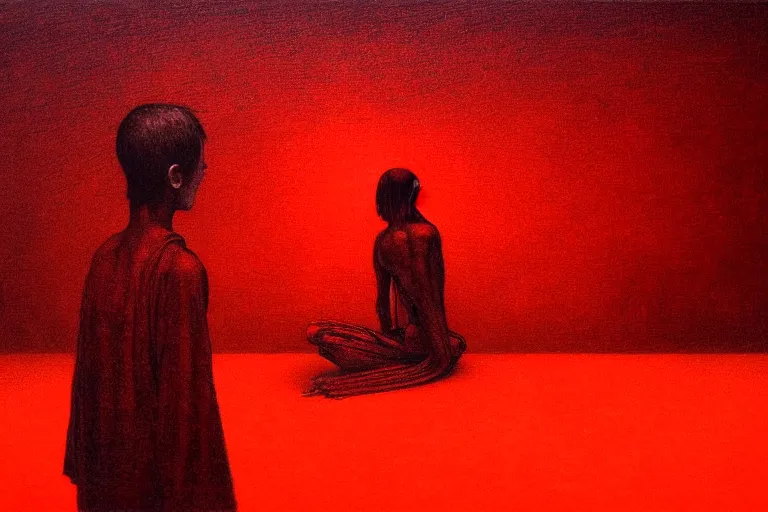 Image similar to only with red, a red shinigami eat apple, mars in background, an ancient path, in the style of beksinski, part by hopper, part by rodcenko, part by hofbauer, intricate composition, red by caravaggio, insanely quality, highly detailed, masterpiece, red light, artstation