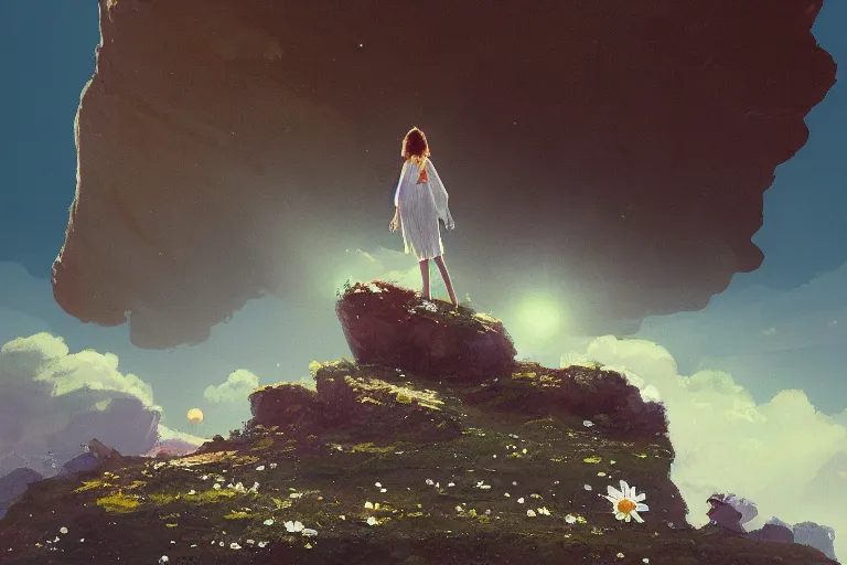 Image similar to wearing giant white daisy flower head, girl standing on cliff, surreal photography, solar eclipse, milky way, dramatic light, impressionist painting, clouds, digital painting, artstation, james gilleard, liam wong, jeremy mann, simon stalenhag
