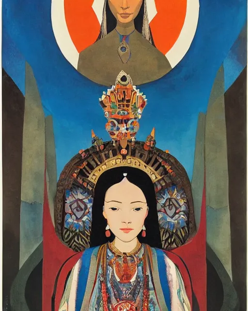 Image similar to a polish poster art representing a portrait of a queen on a carved stone throne by nicholas roerich, by gustave moreau, by james hawe, by yoshitaka amano, by georgia o keeffe, oil painting