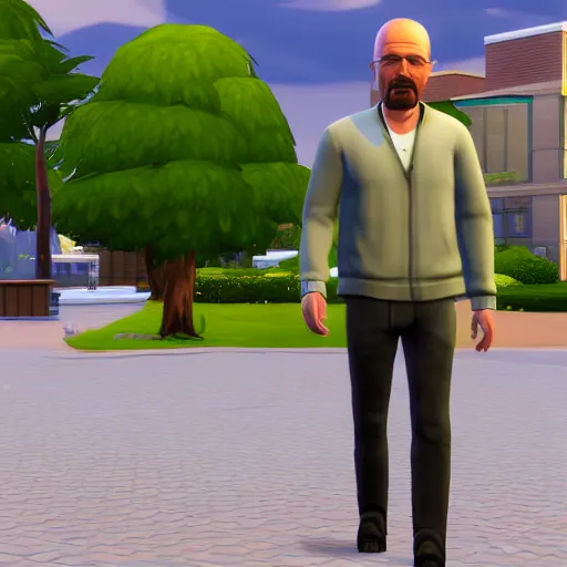 Image similar to videogame screenshot of walter white walking to work in the sims 4, realistic face