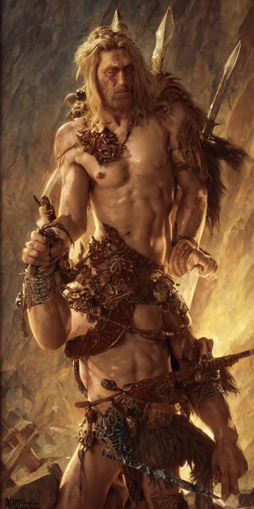 Image similar to kirk douglas as a barbarian, with a beautiful fantasy maiden, dungeons and dragons, masterpiece by edgar maxence and ross tran and michael whelan, gustav dore, 8 k, octane render