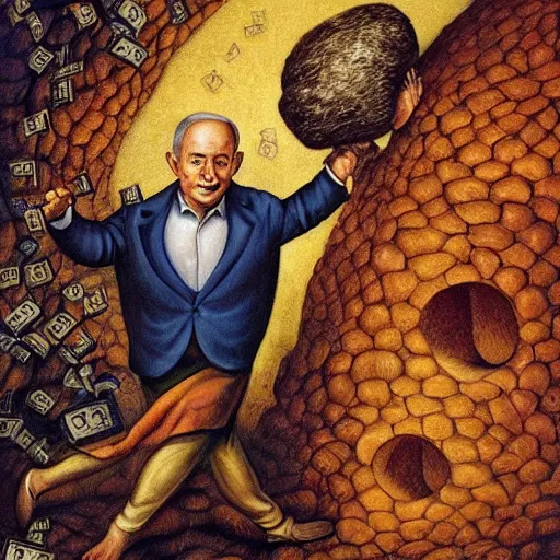 Prompt: Benjamin Netanyahu depicted as Sisyphus, carrying sacks of money up a mountain in hell, by Michael Cheval