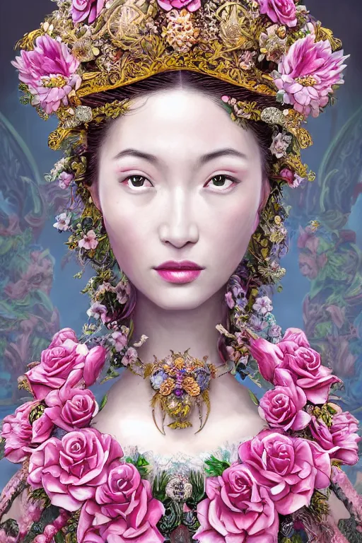 Image similar to a beautiful empress portrait, with a brilliant, impossible striking big flower headpiece, clothes entirely made out of flowers, symmetrical, dramatic studio lighting, rococo, baroque, jewels, asian, hyperrealism, closeup, D&D, fantasy, intricate, elegant, highly detailed, digital painting, artstation, octane render, 8k, concept art, matte, sharp focus, illustration, art by Artgerm and Greg Rutkowski and Alphonse Mucha